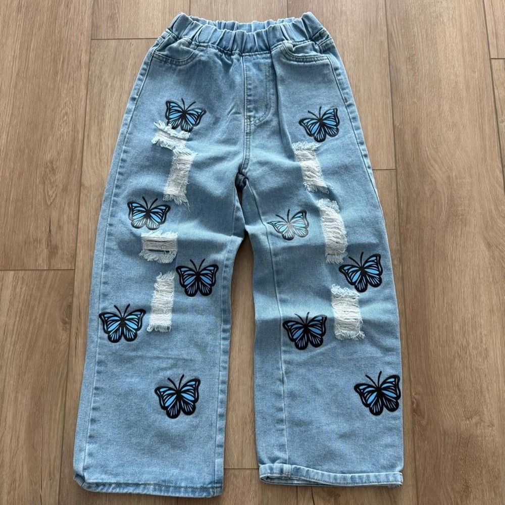 Butterfly Blue Denim Jeans Black Butterfly Distressed Youth Size 10